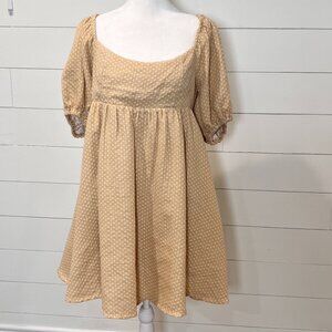 By Together Tan & White Polka Dot Baby Doll Dress with Puff Sleeve Size L